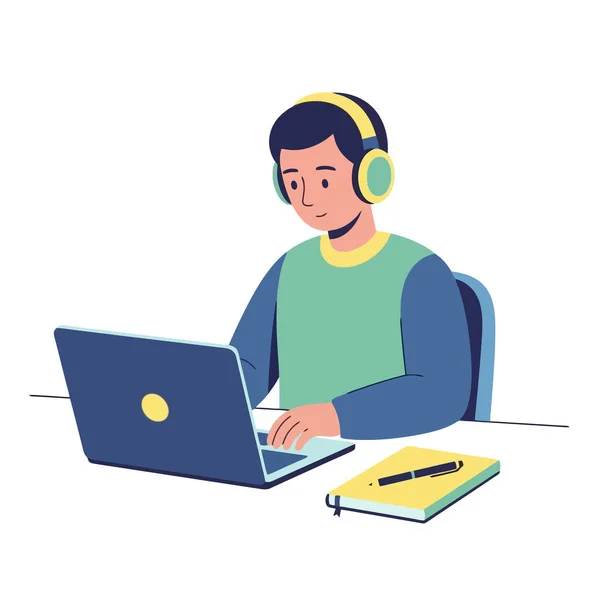 Modern bir çalışma alanında bilgisayar ve kulaklıkla çalışan öğrenci