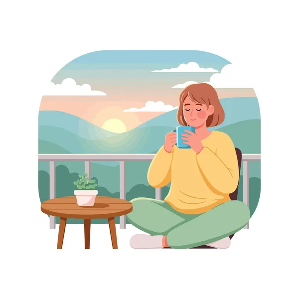 Huzurlu bir sabah kahvesi ve manzaralı dağ manzarası olan bir kadın.