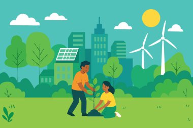 Güneş panelleri ve rüzgar türbinleri olan sürdürülebilir bir şehre ağaç dikerek yeşil enerji ve çevre korumasını destekleyen insanların düz bir çizimi