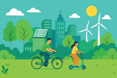 Güneş panelleri, rüzgar türbinleri, ağaçlar ve çevre dostu yaşam tarzı olan sürdürülebilir bir şehirde bisiklet ve scooter süren insanların düz bir çizimi