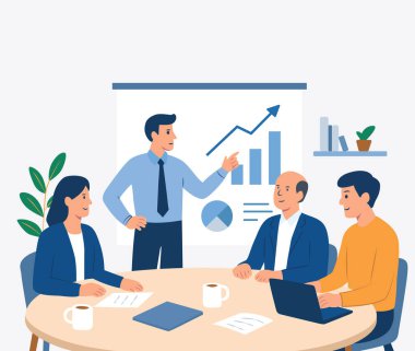 Bir iş ekibinin toplantıdaki düz vektör çizimi. Yönetici tahtada grafikler ve çizelgeler sunarken meslektaşlar masanın etrafında oturuyorlar. Takım çalışması, ofis ve strateji kavramları için mükemmel.