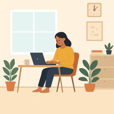 Evde dizüstü bilgisayarda çalışan bir kadının, minimalist mobilyalar ve bitkilerle çevrili halinin düz vektör çizimi. Uzaktan çalışma, serbest çalışma ve üretkenlik temaları için mükemmel