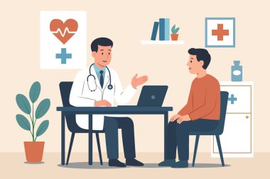 Bir doktorun, bir tıp bürosundaki hastaya danışmasının düz vektör çizimi. Doktor, hasta, steteskop, tıbbi semboller ve klinik ayarlarla profesyonel sağlık hizmeti kavramı