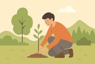 İnsanın doğal ortamda ağaç diktiğinin düz eko çizimi. Çevre, sürdürülebilirlik ve Dünya Günü kavramları için mükemmel