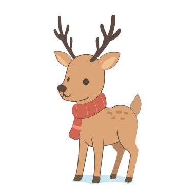 Karlı bir arazide bir ren geyiğinin düz çizimi. Noel, kış tatili ve çocuk temaları için harika.