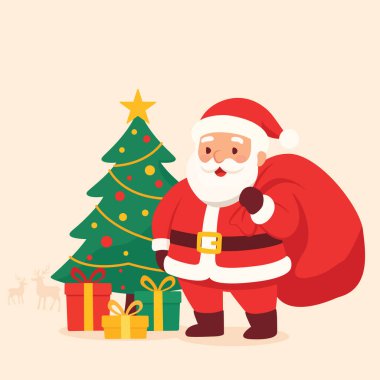 Noel Baba 'nın elinde bir çuval dolusu hediyeyle süslü bir Noel ağacının yanında hediyelerle durduğu düz stil dijital bir resim. Noel, kış tatili ve kutlama tasarımları için mükemmel.