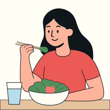 Sağlıklı salatadan hoşlanan bir kadının en az düz çizimi. Sağlık, sağlık ve beslenme konuları için mükemmel bir konu.