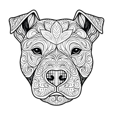 Süslü mandala desenleri ve detaylı çizimlerle süslenmiş bir Pitbull köpeği kafasının karmaşık siyah-beyaz Zentangle tarzı çizimi. Gücün, cesaretin ve sadakatin sembolü dövme sanatı, duvar baskısı ya da boyama tasarımları için mükemmeldir.