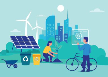 Gelecekçi akıllı bir şehrin düz vektör çizimi. İnsanlar hologramlar, bitki ağaçları ile etkileşime girer ve güneş panelleri, rüzgar türbinleri ve bisiklet gibi sürdürülebilir teknolojiler kullanır.