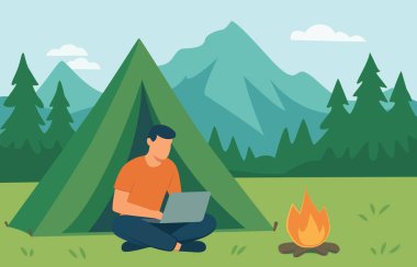 Kamp ateşi ve çam ağaçları ve dağ manzarasıyla çevrili bir dizüstü bilgisayarla çadırın yanında oturan bir adamın asgari vektör çizimi. Özgürlük, seyahat ve uzak çalışma kavramı