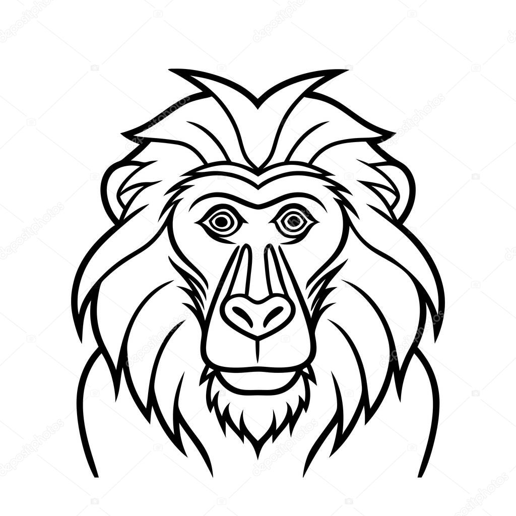 A detailed vector illustration showcases the head of a baboon in a striking black and white outline style The design emphasizes clean lines and simple shapes to portray the distinct features of the animal The baboons fur around its face is intricatel