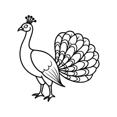 Bu, titizlikle siyaha çizilmiş bir tavus kuşunun bembeyaz bir arkaplana karşı temiz ve basit bir tasviri. Tavus kuşu uzun duruyor ve stilize bir dizaynda tüylerin ikonik yelpazesini sergiliyor. Sanat eserleri kuşların zarif boynunu ve boynunu gösteriyor.