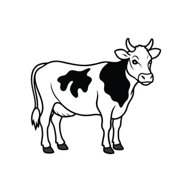 Beyaz arka planda duran siyah-beyaz ineğin vektör çizimi. İneğin beyaz önlüğünde belirgin siyah lekeler var. Bu grafik, çiftçiliğin ve çiftçiliğin özünü yansıtıyor. 