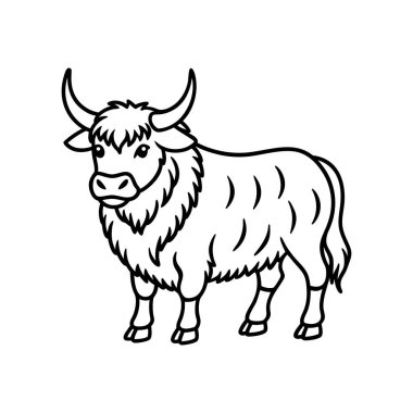 Bu, öküz boynuzları ve kabarık kürkü olan siyah beyaz çizgili bir öküz. Bu basit resimde öküz huzur içinde duruyor. Çizim, pek çok amaca uygun ve basit. Basit ve basit.