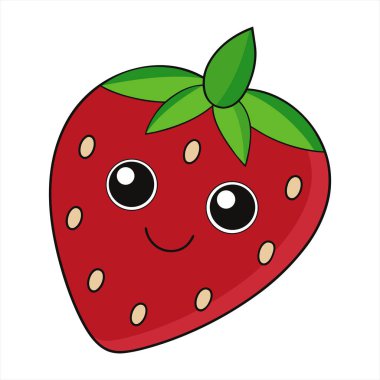 Gülümseyen bir yüz ve büyük anlamlı gözlere sahip bir çileğin neşeli ve canlı bir çizgi film çizimi. Bu sevimli çilek karakteri parlak kırmızı bir vücuda sahip. Üzerinde küçük bronzlaşmış tohumlar ve tepesinde yeşil yapraklar kümesi var.