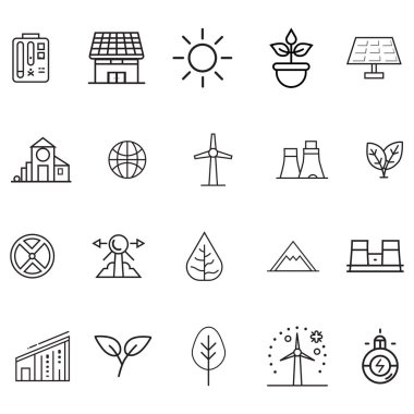 Bu çizgi sanat simgeleri güneş panellerini, rüzgar türbinlerini ve yenilenebilir enerji ve sürdürülebilirlikle ilgili diğer sembolleri içerir. Basit siyah-beyaz