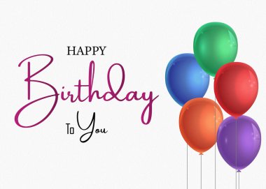 Yeşil turuncu, kırmızı ve mor tonlarında neşeli renkli balonlar içeren neşeli ve canlı bir doğum günü illüstrasyonu. Balonlar zarif bir şekilde beyaz arka plana doğru süzülüyor ve bir kutlama yaratıyor.