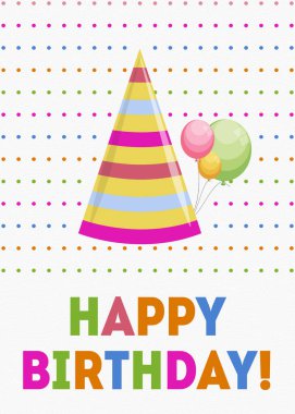 Bir doğum günü kutlaması için canlı ve neşeli bir tebrik kartı tasarımı Kart pembe sarı ve mavi çizgili renkli bir parti şapkası içerir Üç balon kümesi ile birlikte pembe ve sarı tonlarda arka plan süslenmiştir 