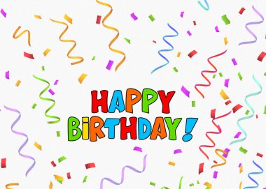 Bu canlı görüntü renkli konfeti ve flamalarla çevrili neşeli bir doğum günü mesajını içeriyor. Şenlik tasarımı sevinç ve heyecanı çağrıştırıyor. Doğum günü kartı davetiyeleri veya sosyal medya paylaşımları için mükemmel.
