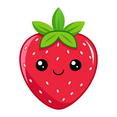 Neşeli bir ifadeye sahip bir karikatür çileğinin hoş bir vektör çizimi. Çilek parlak kırmızı, yüzeyinde küçük beyaz tohumlar, tepesinde parlak yeşil yapraklar büyük masum gözleri ve basit bir c ile sevimli bir yüz.