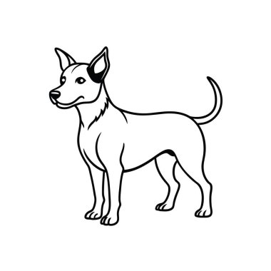 Beyaz arka planda zarif duran bir köpeğin ince bir vektör çizgisi sanatı. Bu minimalist tasarım, baskılar ve logolar için mükemmel. Hayvanların zarafetini temiz çizgilerle yakalar. Zamansız ve çok yönlü bir çizim sunar..