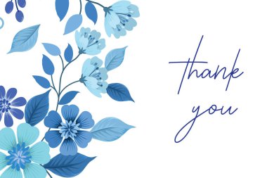 Mavi çiçekli tasarım illüstrasyonlu çarpıcı bir teşekkür kartı. Selamlama ve takdir için ideal, bu zarif kart canlı çiçekleri temiz bir tipografiyle harmanlıyor. Yürekten, sofistike bir mesaj için..