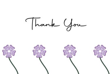 Temiz beyaz arka planda canlı mor çiçekler içeren büyüleyici bir teşekkür kartı. Minnettarlık için idealdir. Bu tasarım zarif çiçeklerle basit tipografiyi birleştirir. Zarif ve içten bir mesaj için..