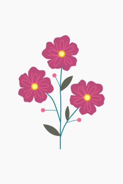 Parlak sarı merkezli üç pembe çiçeğin yer aldığı hoş bir vektör çizimi. Bu minimalist tasarım, her yaratıcı proje için temiz ve canlı bir çiçek aksanı sunan kartlar, baskılar veya dijital sanat için idealdir..