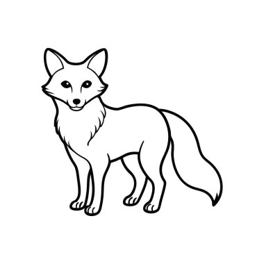 Tarzlı bir siyah beyaz çizgi çizimi düz beyaz bir arkaplan üzerinde duran bir tilkiyi içerir tilki pofuduk kuyruklu kulaklar ve hafifçe gülümseyen bir ifadeyle tasvir edilir çizim tarzı bir kol olarak kullanmak için temiz ve basittir