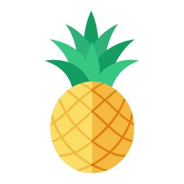 Temiz beyaz bir arkaplan üzerinde ananasın renkli ve taze bir grafik çizimi tasarım, ananas derisini simüle etmek için belirgin çapraz desenli yuvarlak sarı bir meyve gövdesine sahiptir.