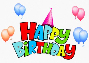 Neşeli ve canlı bir illüstrasyonda kalın renkli harflerle Mutlu Yıllar yazıları yer alıyor. Eğlenceli bir pembe parti şapkası neşeyle dinleniyor. Kutlama atmosferine eklenen cümlenin üstünde çeşitli gölgelerdeki balon kümeleri yer alıyor.