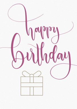 Minimalist ama zarif bir doğum günü tebrik kartı tasarımıdır. Beyaz bir arkaplan altında parlak pembe harflerle yazılmış akıcı bir yazı içerir. Metin, tamamlayıcı nitelikte bir fiyonk ile paketlenmiş bir hediyenin basit bir çizimidir. 