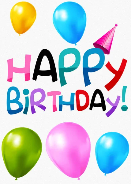 Doğum gününü kutlayan canlı ve neşeli bir illüstrasyonda çeşitli neşeli renkler kullanılıyor. Metnin üzerinde çeşitli parlak renkler var. Mavi, yeşil ve pembe tonlarda bir kaç balon yüzüyor.