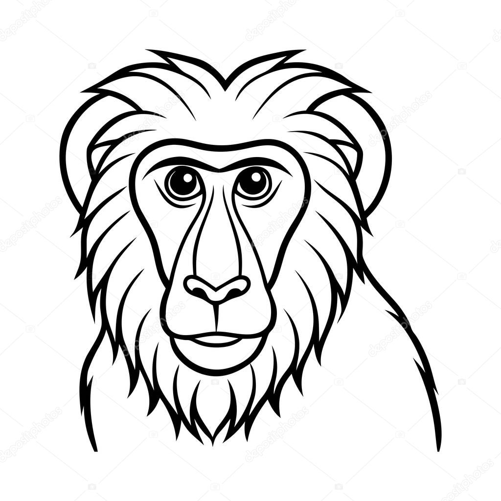 This bold black-and-white vector illustration of a monkey head features intricate details. Perfect for art prints or logos, its expressive design on a white background captures the monkeys character with a striking, artistic touch.