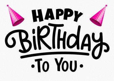 Temiz bir arkaplan karşısında kalın harflerle Mutlu Yıllar 'ı gösteren bir kutlama tasarımı. Tipografi, blokaj ve pembe parti şapkalarıyla karışık metinler içeriyor. Bu resim tasarım için mükemmel.