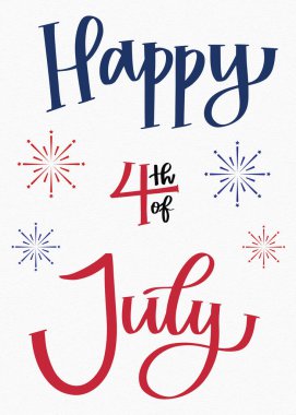 Bu festival grafik tasarımı 4 Temmuz 'u temiz ve modern bir estetik ile kutluyor Happy ve July kelimeleri zarif yazı tiplerinde sergilenirken tarih kırmızı ve koyu renkli tipografi ile vurgulanıyor Mavi ve kırmızı havai fişekler bir ünlü yaratıyor