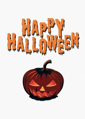 Kabağın üzerinde parlak turuncu bir yüzle parlayan koyu kırmızı bir Jack o fenerinin yer aldığı neşeli bir dijital illüstrasyon. Mutlu Cadılar Bayramı sözleri damlayan turuncu bir yazı tipinde sergileniyor ve ürkütücü ve kutlayıcı bir şey yaratıyor.