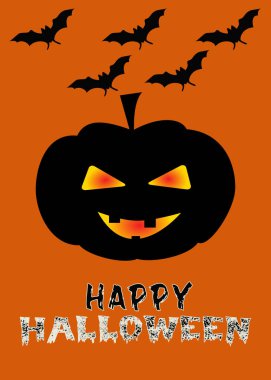 Cadılar Bayramı 'nda balkabağının üstünde parlak sarı gözleri ve dudakları olan siyah bir fenerin gölgesinin yer aldığı neşeli bir Cadılar Bayramı görüntüsü balkabağının altında uçan yarasaların siluetleri vardır.