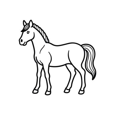 Bir atın profilde durduğu temiz ve zarif bir tasvir at, hayvanın zarafetini ve güzelliğini gözler önüne seren iyi tanımlanmış bir yeleye ve kuyruğa sahiptir sanat eserleri boyama kitabı gibi çeşitli yaratıcı kullanım alanları için basit ama ayrıntılı bir şekilde mükemmeldir.