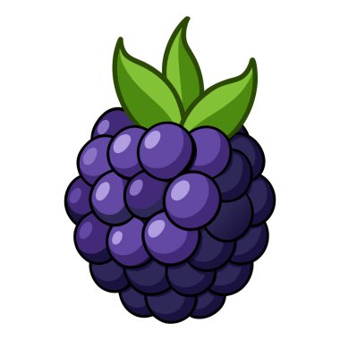 Temiz beyaz arkaplanda olgun bir böğürtlenin canlı ve çekici bir karikatür çizimi. Böğürtlen parlak bir parıltıyla tasvir edilir. Tazeliğini ve lezzetini vurgular.