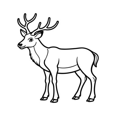 Bu, dik duran görkemli bir geyiğin basit ve temiz bir çizgisi. Siyah ve beyaz renk paleti ona klasik ve zamansız bir görünüm verir. Çeşitli tasarım projeleri için. Geyik zarif eğri boynuzlarıyla tasvir edilir.