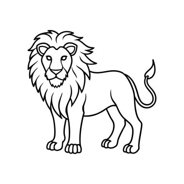 Beyaz zemin üzerinde temiz siyah bir çizgi olarak tasvir edilen bir aslanın ayrıntılı bir vektör çizimi aslan görkemli bir pozda duruyor yelesi güçlü bacakları ve kıvrık kuyruğunu gösteriyor bu resim eğitim amaçlı kitapları boyamak için mükemmeldir.