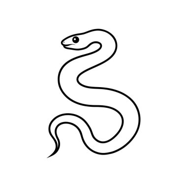 Yılanın bembeyaz bir zemin üzerinde izole edilmiş minimalist siyah-beyaz bir çizimi yılan tasviri çeşitli yaratıcı amaçlar için uygun hale getirilmiştir bu resim eğitici materyal çocuk kitapları için mükemmeldir