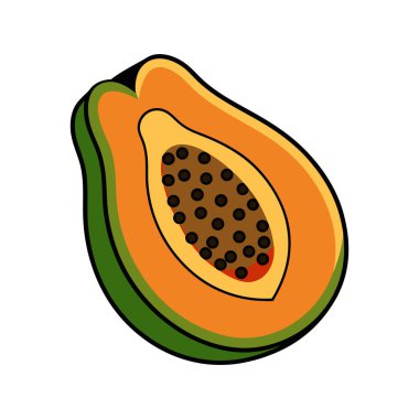 Parlak ve cezbedici bir papaya meyvesi tasviri Papaya canlı bir turuncu ten, yeşil bir dış deri ve merkezinde bir grup siyah tohum barındırır.