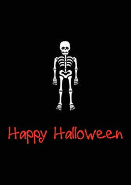 Basit ama çarpıcı bir illüstrasyon beyaz bir iskelet figürüne işaret eder. İskeletin altında sağlam bir siyah arkaplan karşısında durur. Mutlu Cadılar Bayramı kelimeleri el yazısıyla yazılır.