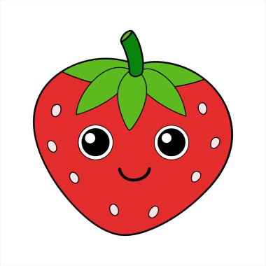 Lezzetli ve basit bir çizgi film illüstrasyonunda parlak kırmızı bir çilek, güler yüzlü bir surat geniş yuvarlak gözler ve yeşil yapraklar ve oyuncu görünümüne yeni bir kök filizlenir.