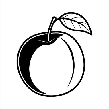 Siyah beyaz şeftali renginde çizilmiş minimalist bir betimleme. Grafik, sapına tek bir yaprak yapışmış yuvarlak şeftali şeklini tasvir ediyor. Meyve kısmen gölgelenmiş.