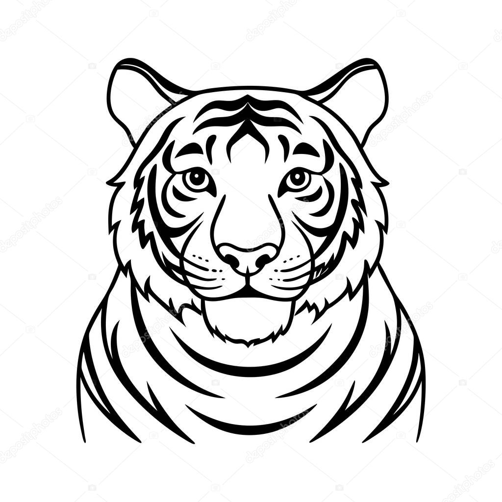 This image showcases a bold and striking illustration of a tigers head executed in clean black and white lines The symmetrical composition emphasizes the tigers powerful and captivating gaze The stylized design captures the essence of this magnificen