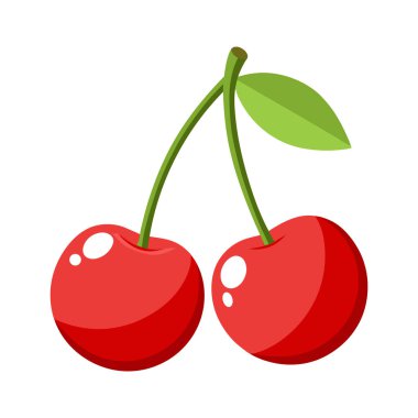 Canlı bir illüstrasyon, ince yeşil saplar ve tek bir canlı yeşil yaprak ile birbirine asılmış iki lezzetli kırmızı kiraz içerir. Kirazlar, şişkinliklerini vurgulayan parlak renklerle ve sulu bir...