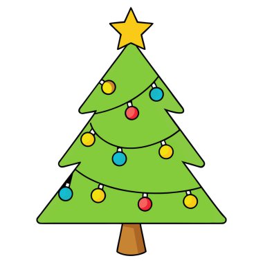 Bu bir Noel ağacının büyüleyici bir karikatür çizimi. Ağaç parlak, neşeli bir yeşildir ve çeşitli renkli süslemelerle süslenmiştir. Bu süsler yuvarlaktır ve kırmızı sarı ve mavinin tonlarında altın bir yıldız üzerinde oturur.